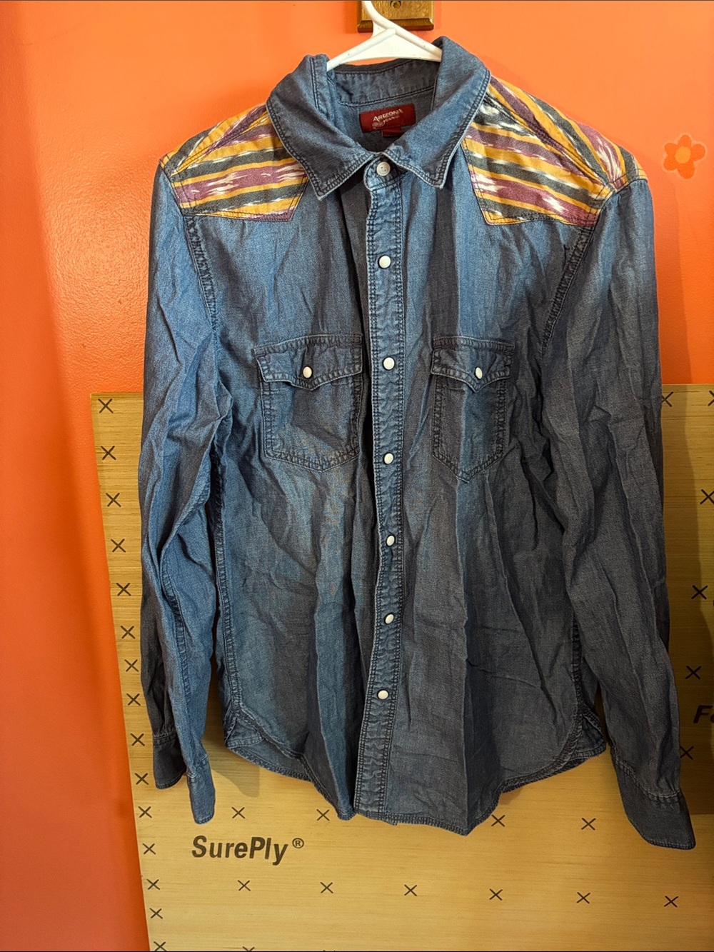 Men's Denim Western Shirt Jacket with Striped Shoulder Accents